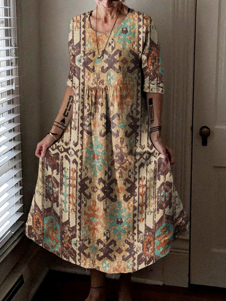 Women's Ethnic Floral Collage Art Print Long Sleeve Pocket Cotton Dres