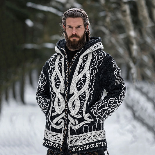 Men's Viking Berserker Warrior Runes Celtic Knot Chunky Knit Zipper Hooded Cardigan elevenforest