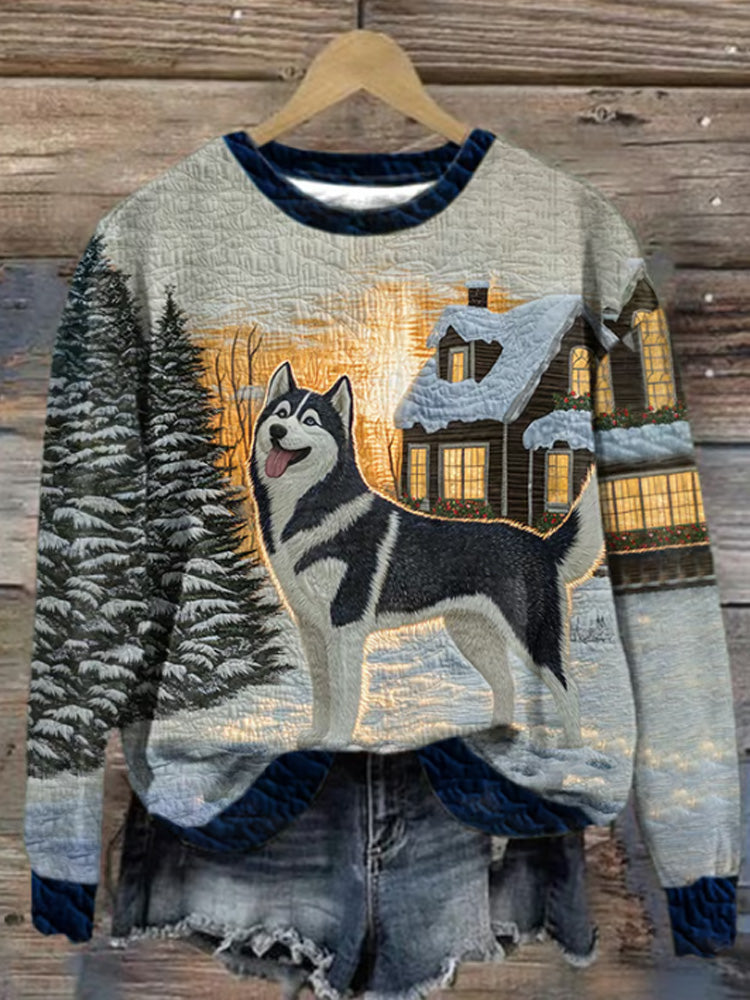 Retro Husky In The Snow In Winter Print Sweatshirt artswardrobe