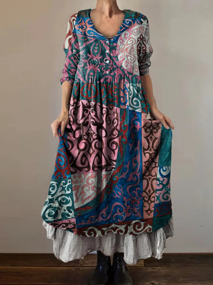 Women's Abstract Irregular Pattern Art Print V-Neck Button Pocket Cott