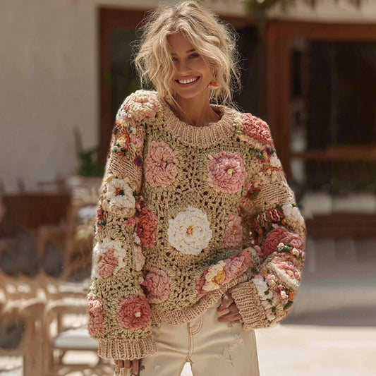 Women's Boho Classic Granny Check Crochet Rose Floral Sweater elevenforest