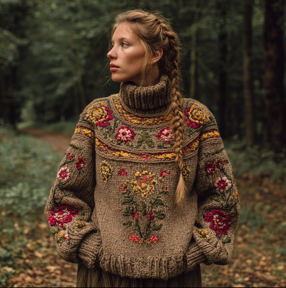 Women's Autumn And Winter Meillard Style And Bohemian Style Plant Flower Embroidery High Neck Thick Sweater artswardrobe