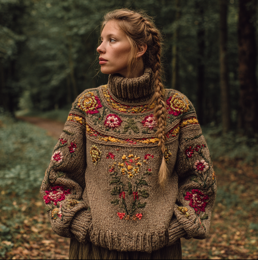 Women's Autumn And Winter Meillard Style And Bohemian Style Plant Flower Embroidery High Neck Thick Sweater elevenforest