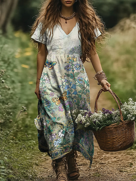 Women's Art Floral Butterfly Vintage Print V-Neck Dress