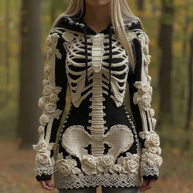 Halloween Skeleton Anatomy Floral Hooded Cozy Knit Sweater artswardrobe
