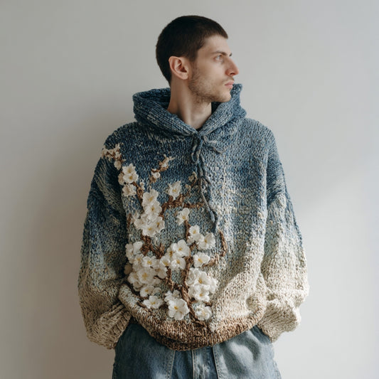 Men's Japanese Almond Blossom Gradient Warm Hooded Sweater artswardrobe