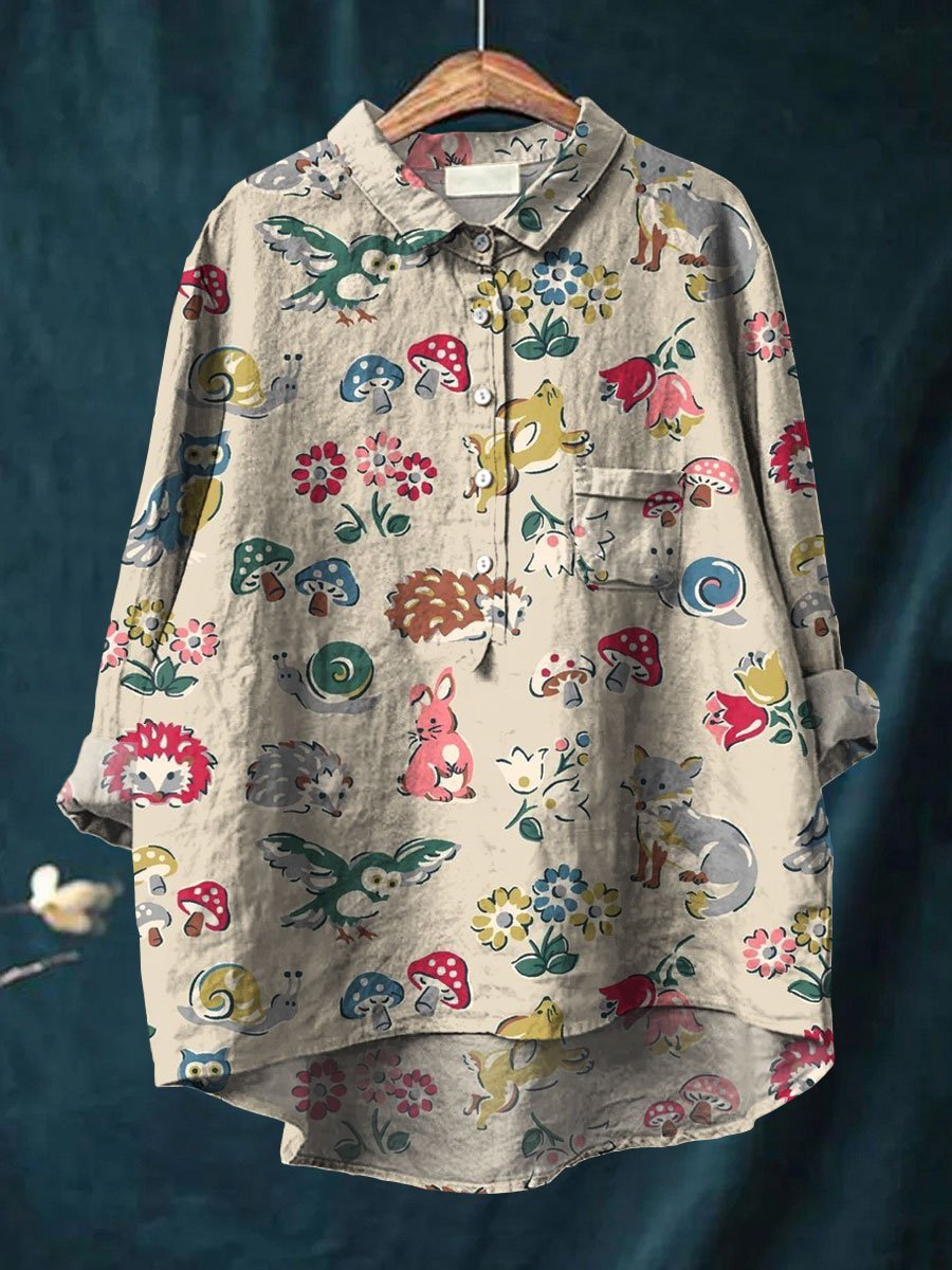 Women's Retro Art Print Casual Cotton And Linen Shirt