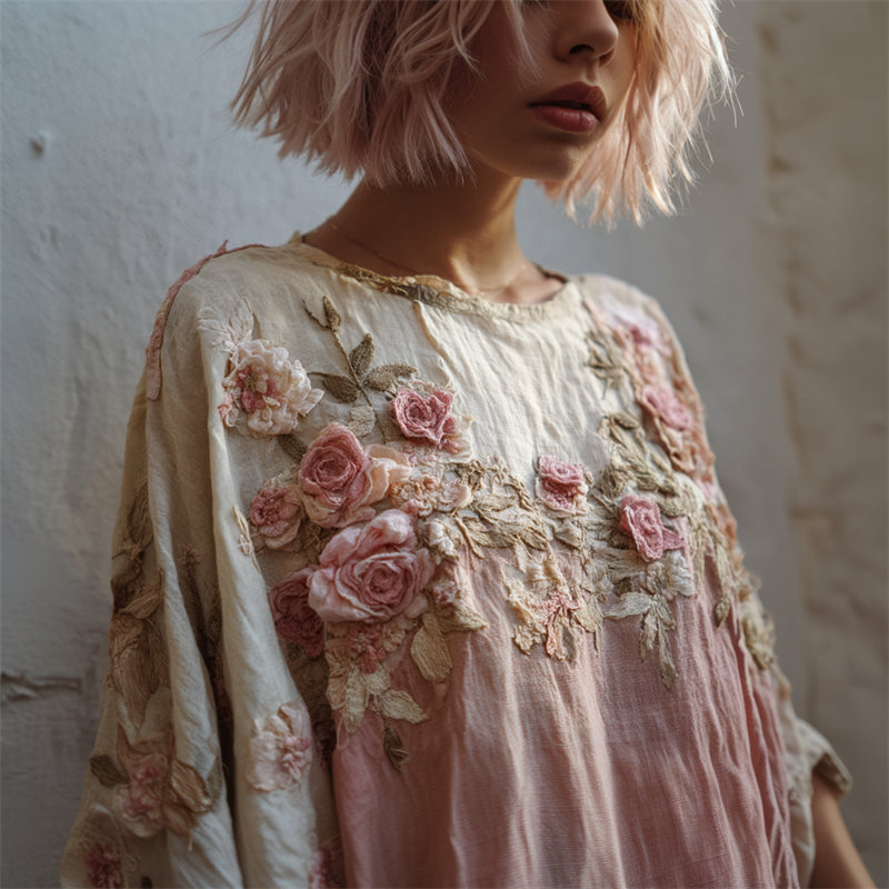 Vintage Cottage Pink Roses Fiber Art Contrast Linen Shirt artswardrobe