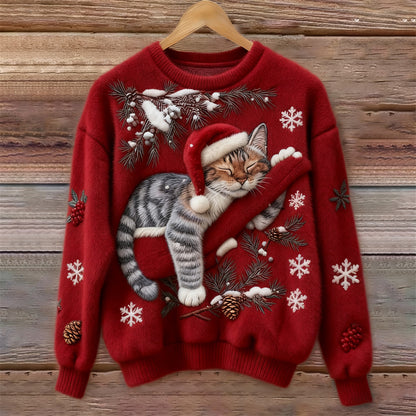 Comstylish Christmas Lazy Cat Art Women's Cozy Plush Sweater