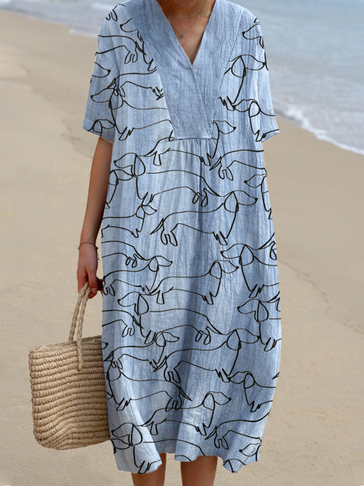 Comstylish Dachshund Line Art Printed Linen Blend Dress