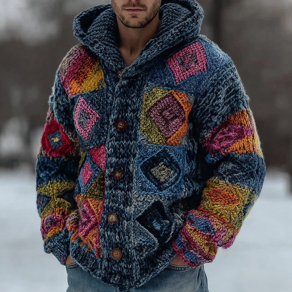 Men's Retro Geometric Knitted Warm Button Hooded Sweater artswardrobe