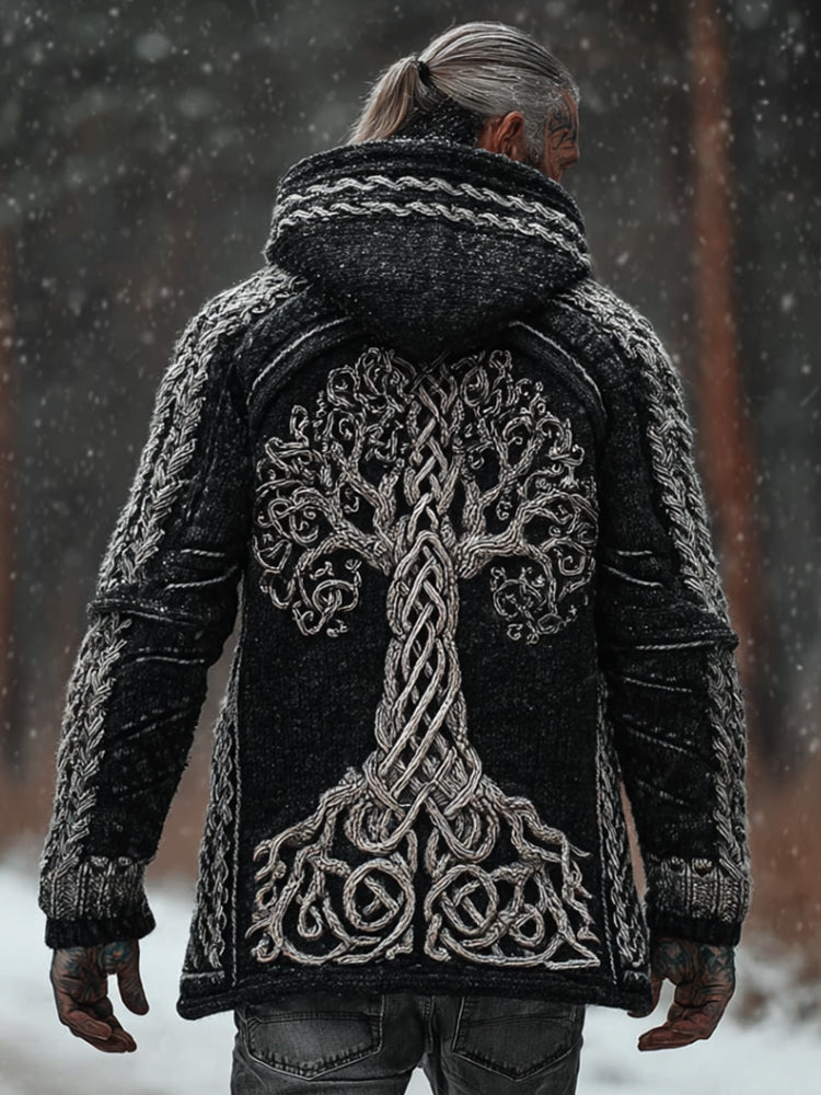 Men's Viking Style Tree Of Life Black Thick Needle Cardigan Sweater artswardrobe