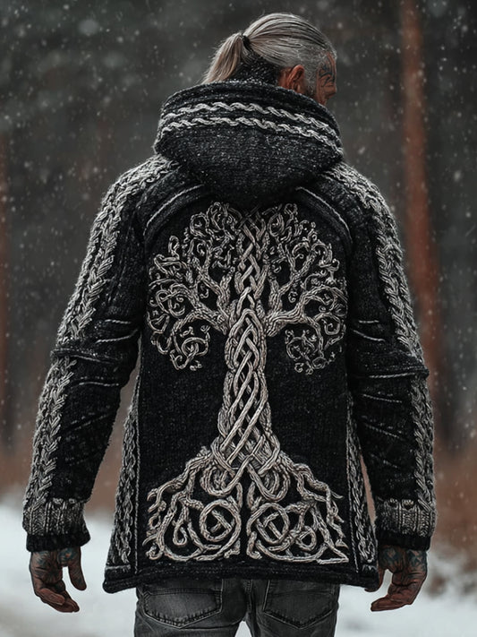 Men's Viking Style Tree Of Life Black Thick Needle Cardigan Sweater artswardrobe