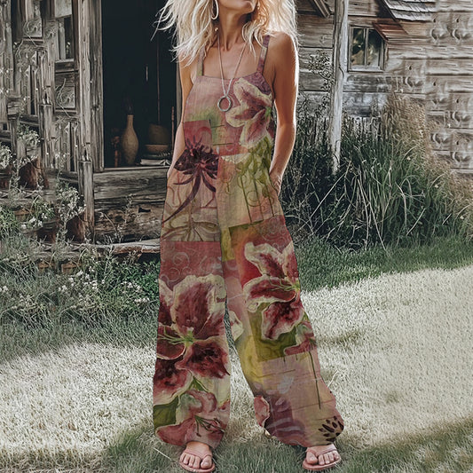Women's Pink Floral Linen Print Cotton Linen Jumpsuit artswardrobe