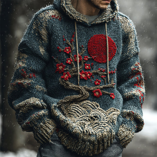 Vintage Japanese Floral & Red Sun Men's Knit Hooded Sweater elevenforest