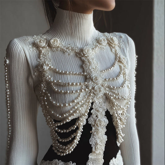 Vintage White Roses Skeleton Pearls Lace Contrast Turtleneck Sweater artswardrobe