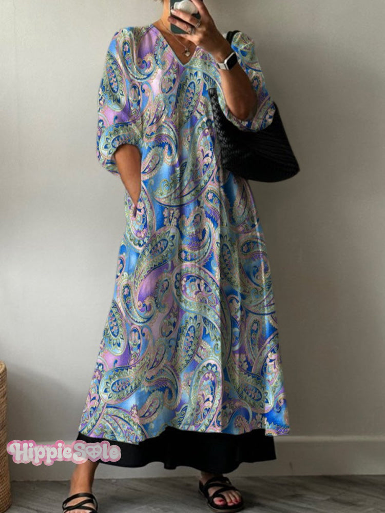 Women's Paisley Floral Art Print Pocket V-neck Cotton Dress