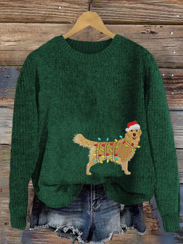 Comstylish Women's Christmas Golden Retriever Embroidery Print Sweater