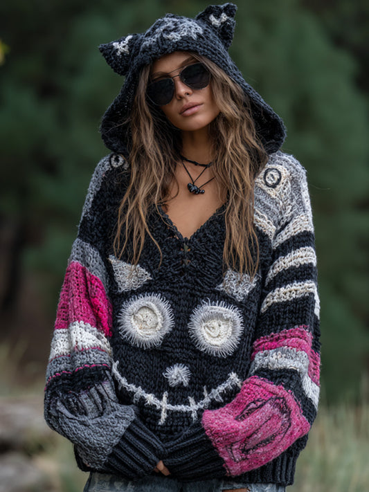 Women's Vintage Halloween Black Cat Knit Hoodie Sweater artswardrobe