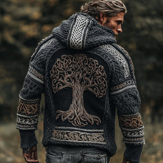 Men's Vintage Viking Tree Of Life Jacquard Knitted Cozy Zipper Up Hooded Cardigan artswardrobe