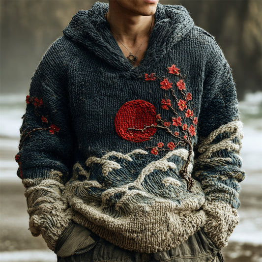 Vintage Japanese Floral Art Men's Knit Hooded Sweater elevenforest