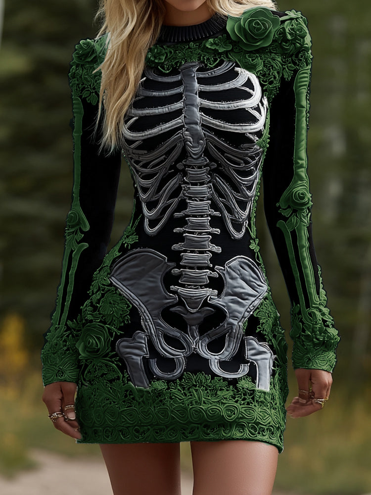 Women's Halloween Skeleton Bones Leather With Rose Pattern Art Hot Sexy Style Cozy Knit Mini Sweater Dress artswardrobe