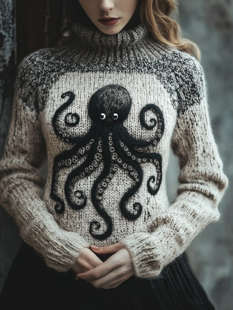 Women's Felt Octopus Pattern Cozy Knit Vintage Sweater elevenforest