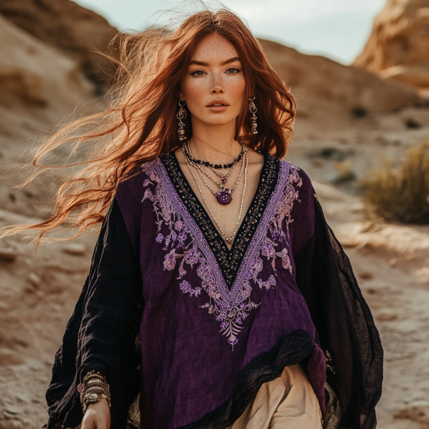 Boho Lavender Floral Embroidery Print Cotton And Linen Blend Loose Blouse artswardrobe