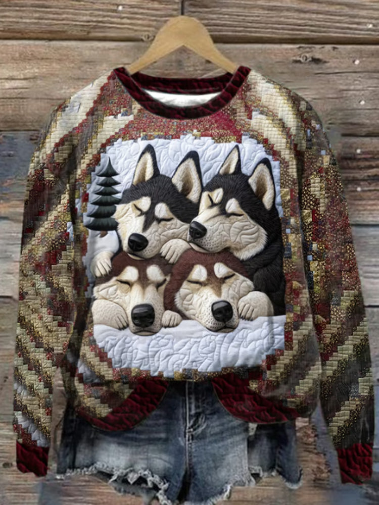 Retro Sleeping Husky Print Sweatshirt artswardrobe