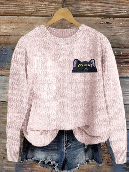 Women's Casual Funny Black Cat Print Sweater elevenforest
