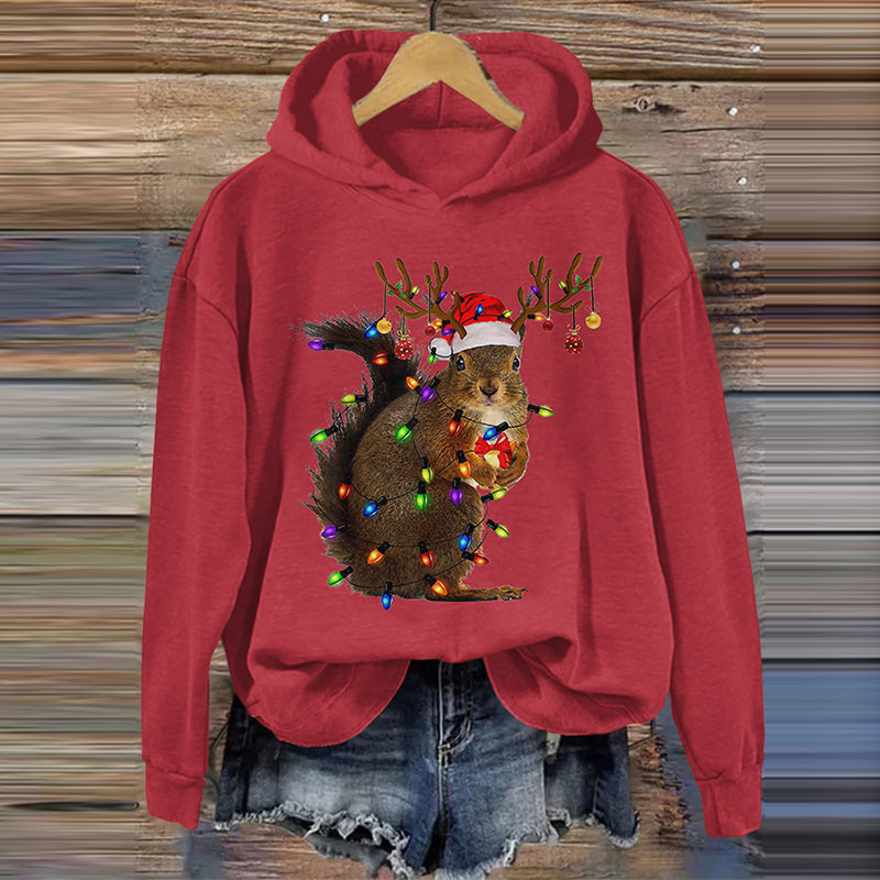 Comstylish Christmas Squirrel Lights Print Hoodie