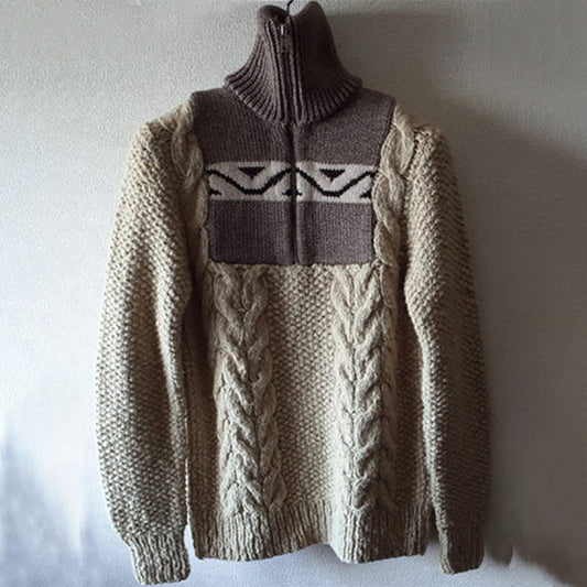 Men's Wave Patchwork Cable Knit Art Zippered Turtleneck Sweater elevenforest