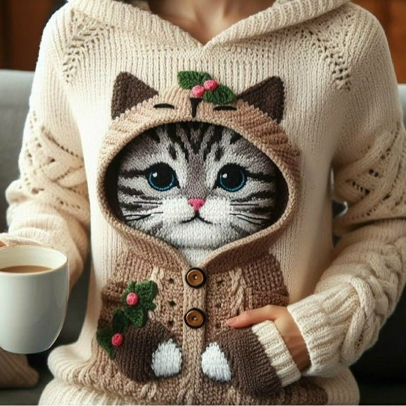 Women's Cute Winter Cat Art Knitted Warm Sweater