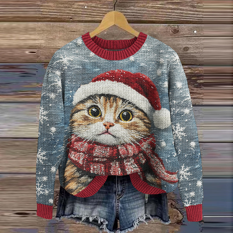 Christmas Cat Print Knit Cozy Sweater elevenforest