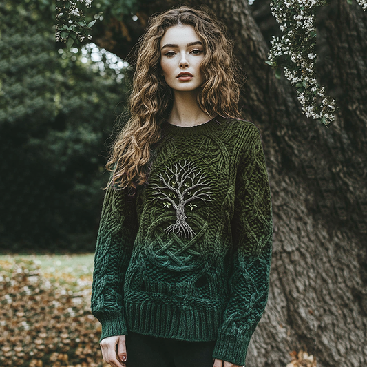 Women's Celtic Tree Of Life Jacquard Ombre Crew Neck Sweater elevenforest
