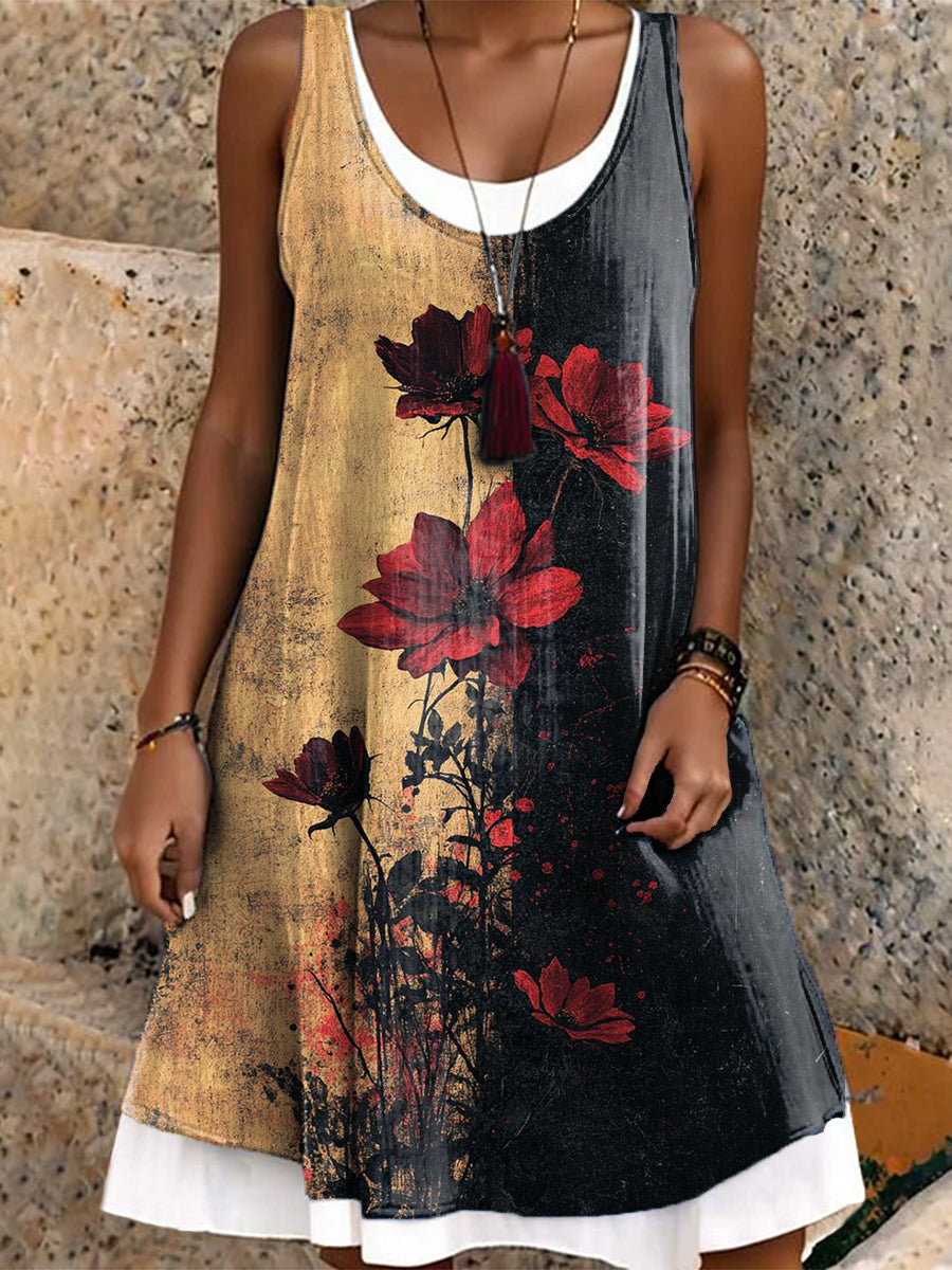 Women's Retro Rose Flower Art Print Dress