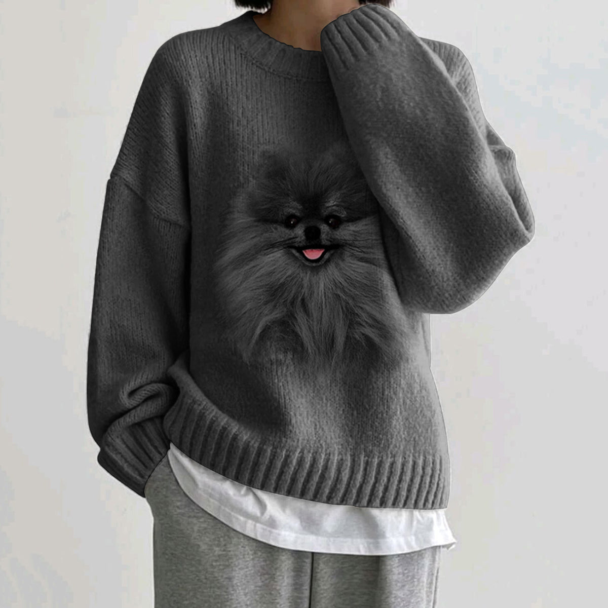 Comstylish Funny Black Pomeranian Felt Art Loose Cozy Sweater