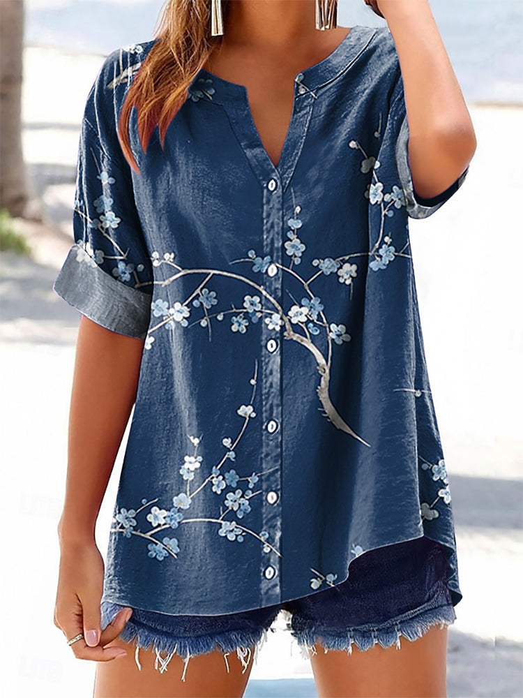 Women's Floral Pattern Art Print Casual Cotton Linen Short Sleeve Shir