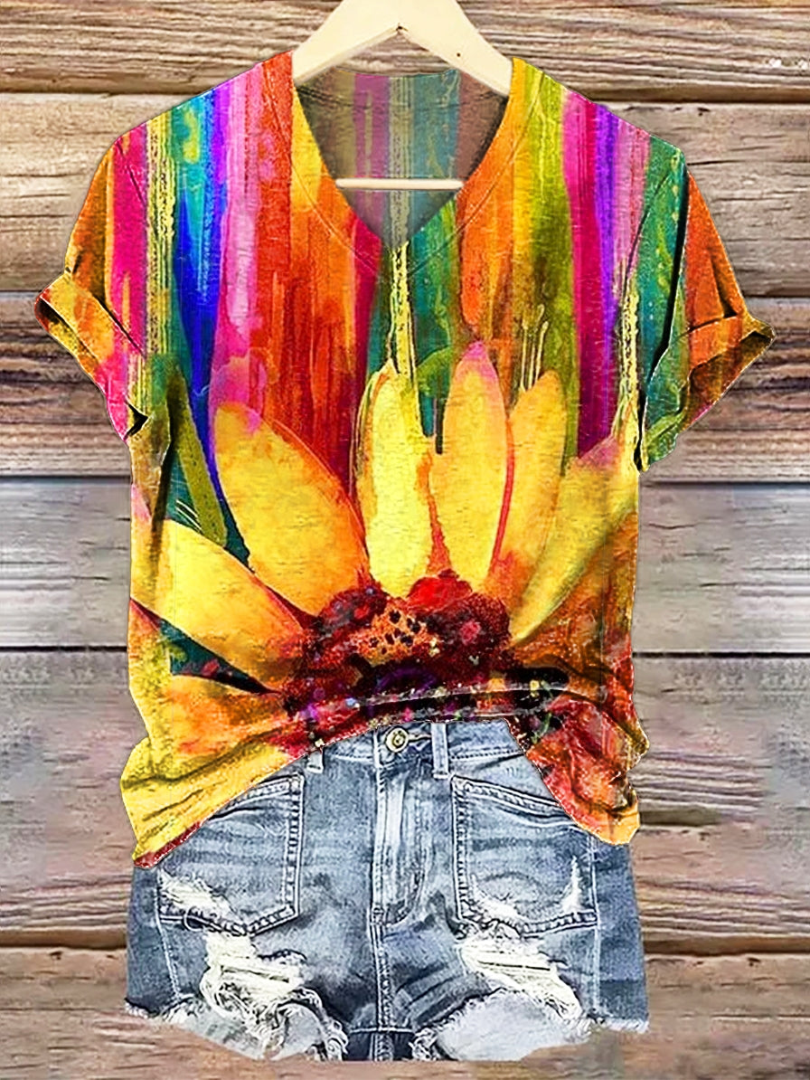 Women's Colorful Sunflower Art Pattern Print V-neck Casual T-Shirt