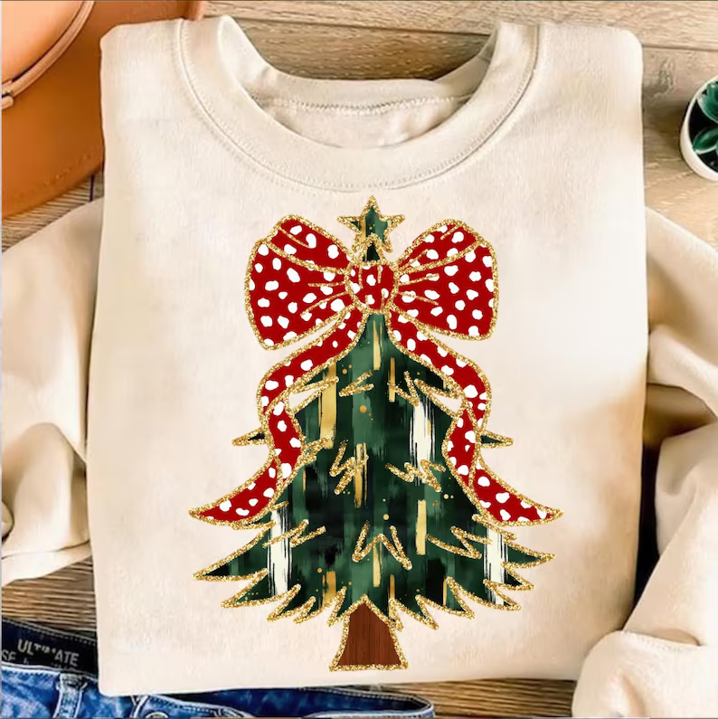 Comstylish Women's Colorful Coquette Glitter Christmas Tree Art Print Crew Neck Sweatshirt