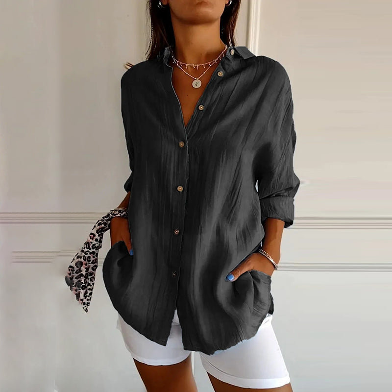 Comstylish Casual Single Breasted Pleated Lapel Solid Color Cotton Linen Shirt