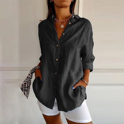 Comstylish Casual Single Breasted Pleated Lapel Solid Color Cotton Linen Shirt