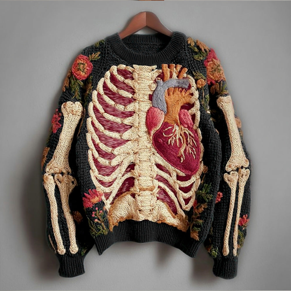 Vintage Halloween Human Anatomy Art And Floral Round Neck Sweater artswardrobe