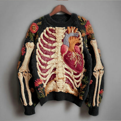 Comstylish Vintage Halloween Human Anatomy Art And Floral Round Neck Sweater