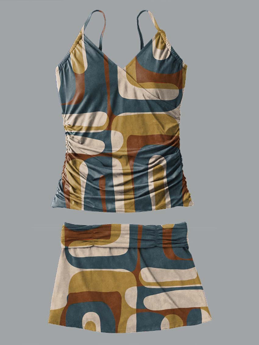 V-Neck Retro Geometric Patchwork Art Print Suspender Skirt Tankini Pantskirt Set Swimsuit