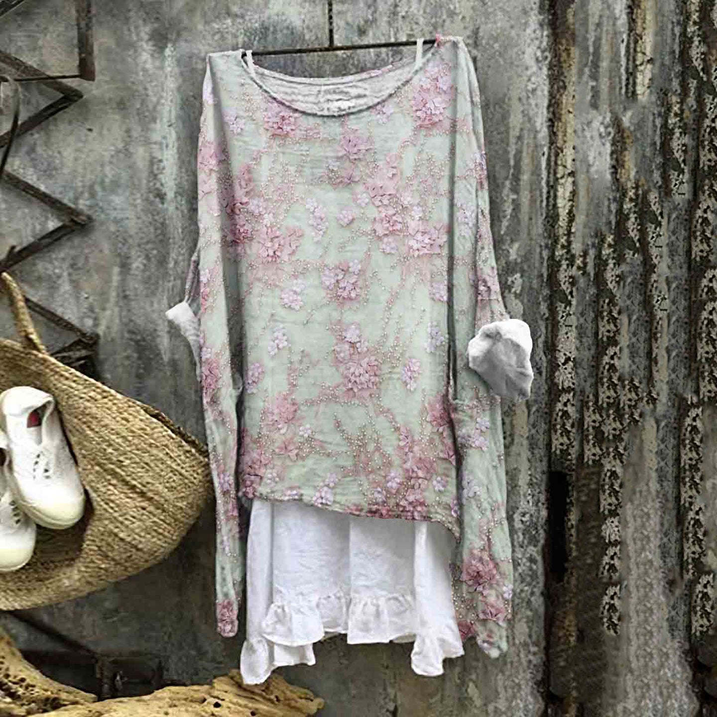 Comstylish Vintage Embroidered Floral Lace Linen Blend Flowy Tunic