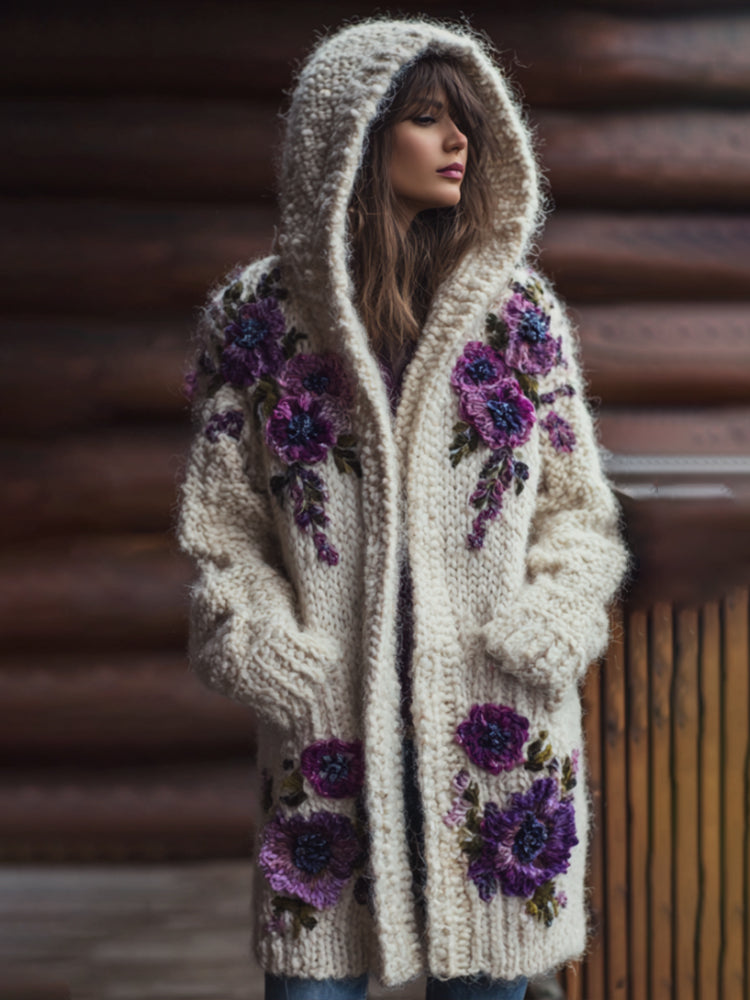 Women's Purple Flower Vintage Mid-length Hooded Sweater artswardrobe