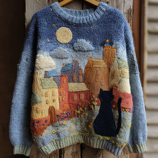 Vintage Fairytale Cottage With Cute Black Cat Inspired Embroidered Cozy Knit Sweater artswardrobe