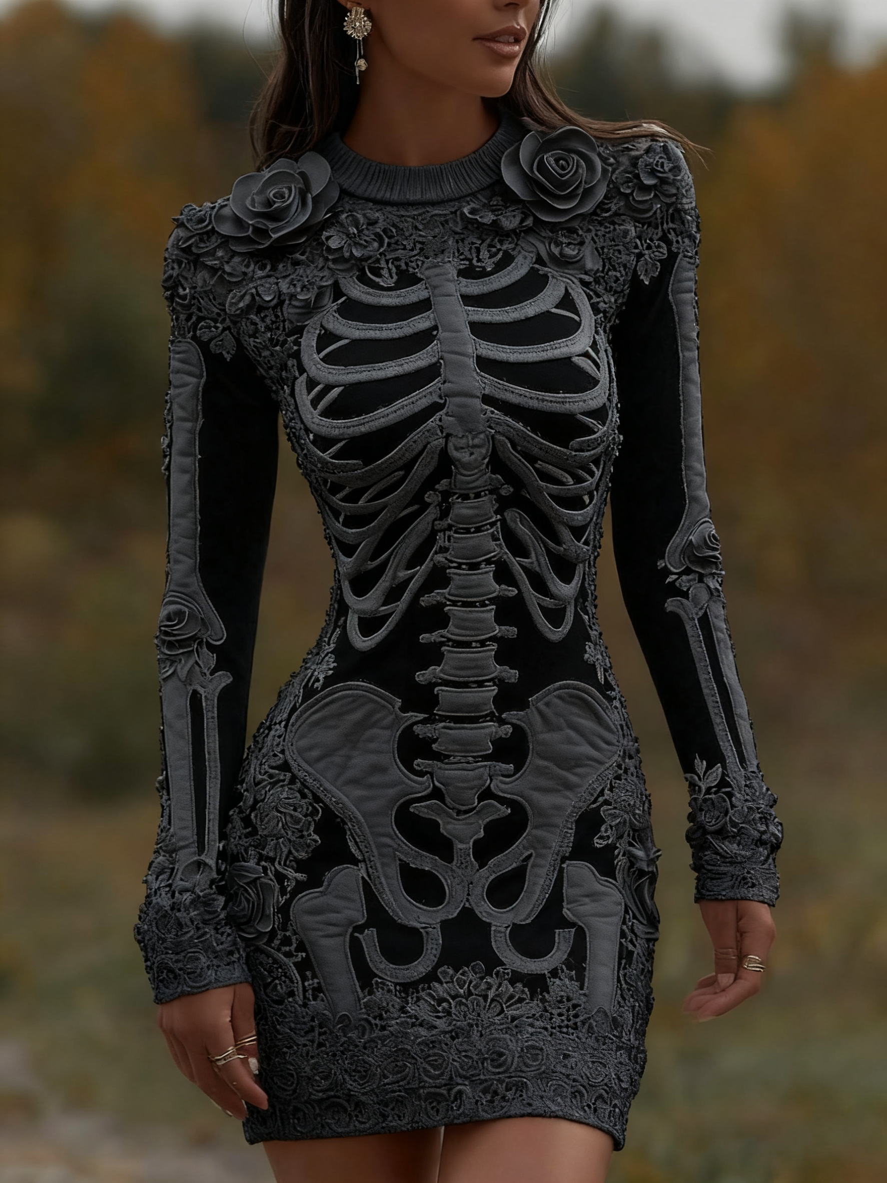 Women's Vintage Halloween Skeleton Bones With Rose Art Cozy Knit Mini Sweater Dress artswardrobe