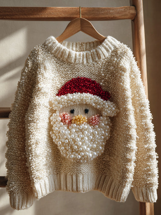 Santa Claus Embroidered Pearl Crew Neck Sweater artswardrobe